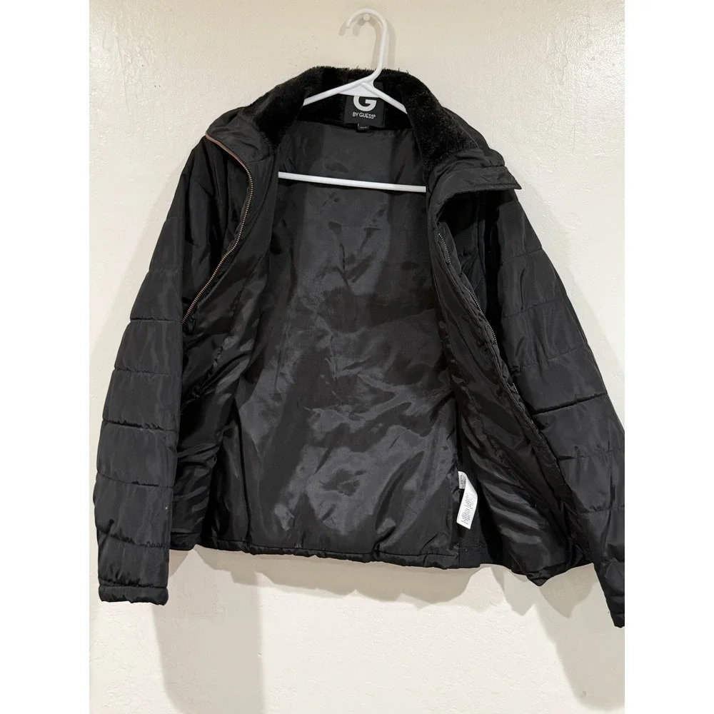 G by GUESS Women Black Puffer Jacket Rose Gold Hardware Faux Fur Collar XS